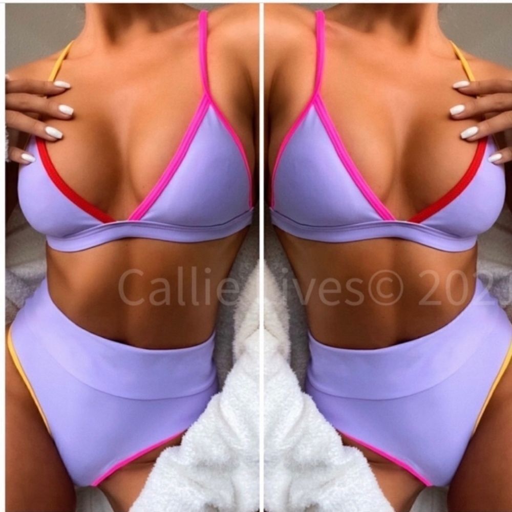 Lavender Contrast High Waist Thong Bikini